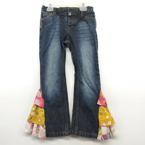 Jelly the Pug Bellbottom Hippie Gypsy Tiered Denim Jeans Size 4 - Picture 1 of 8